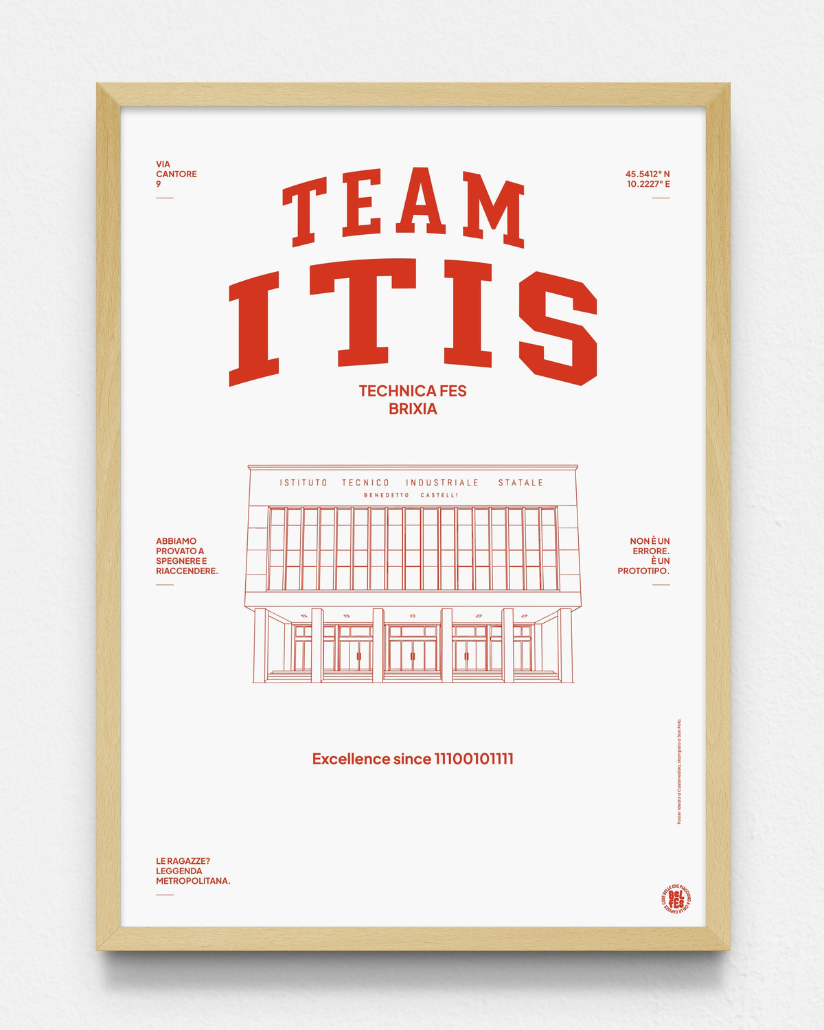 Poster Team ITIS — facciata dell'ITIS Benedetto Castelli, cornice in legno